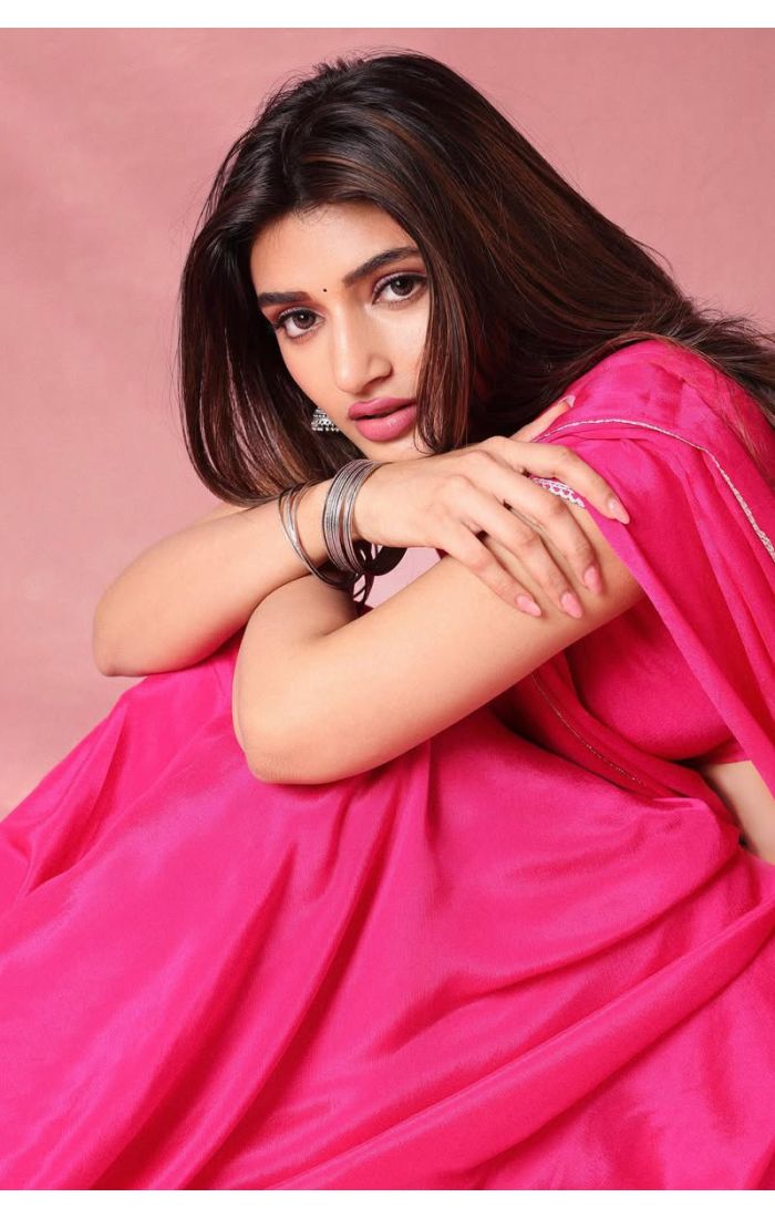 Full-length hot pink silk party saree with graceful drape – SREA2299