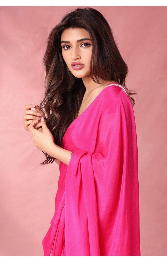 Stylish party look in hot pink silk saree and scoop neck blouse – SREA2299