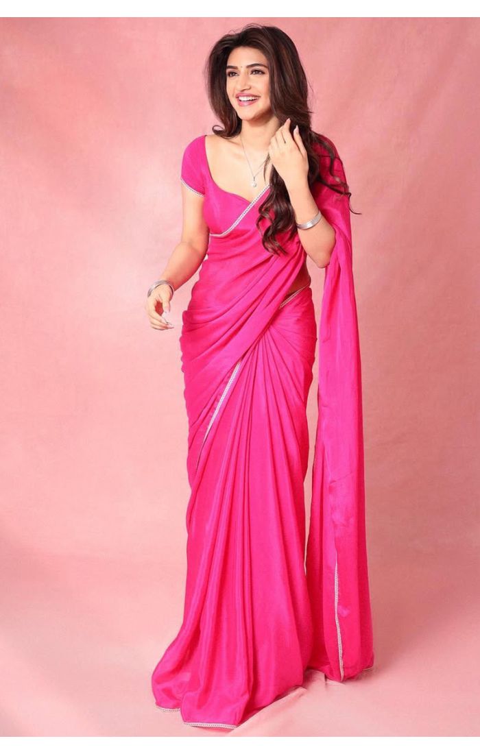 Hot pink silk party wear saree with scoop neck blouse front view – SREA2299