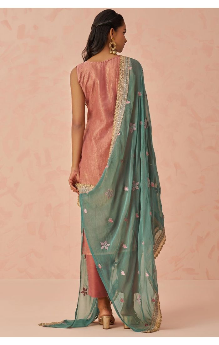 Back view of blush pink silk kameez with contrast teal chiffon dupatta and heavy lace