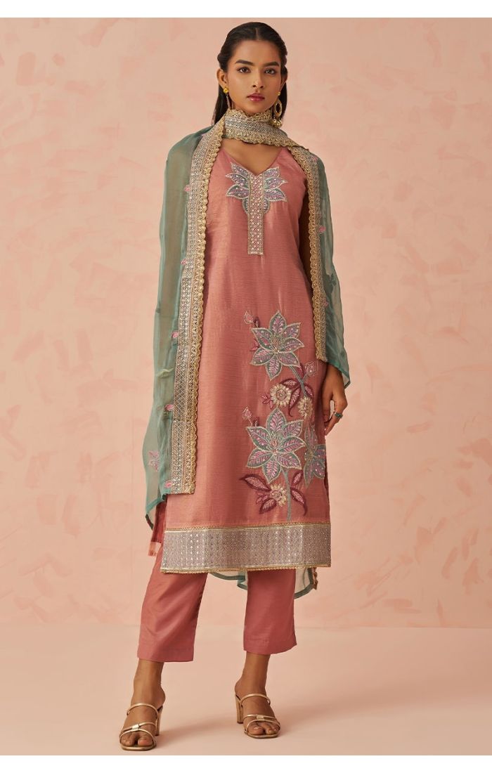 Complete bridal partywear look in pink silk embroidered salwar kameez set