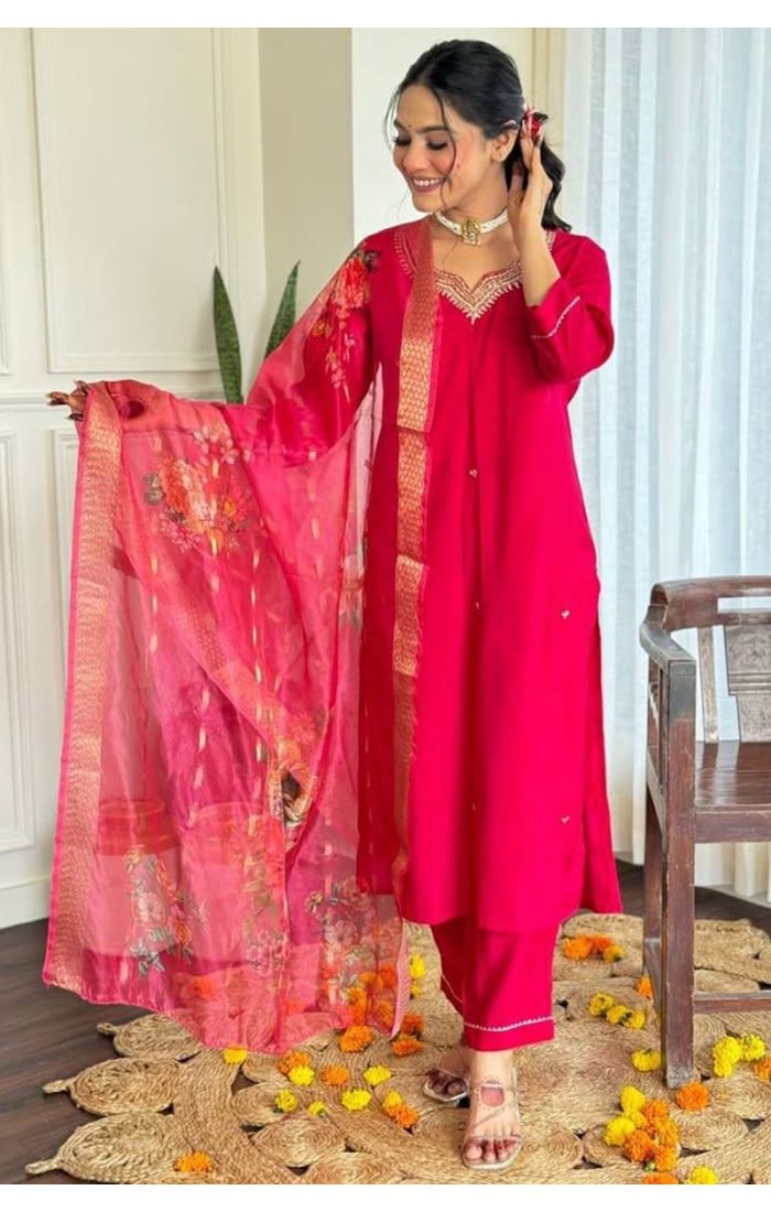 Elegant pink embroidered kurta set with floral dupatta, perfect for wedding and festive occasions in the USA, Canada, UK, and Europe.