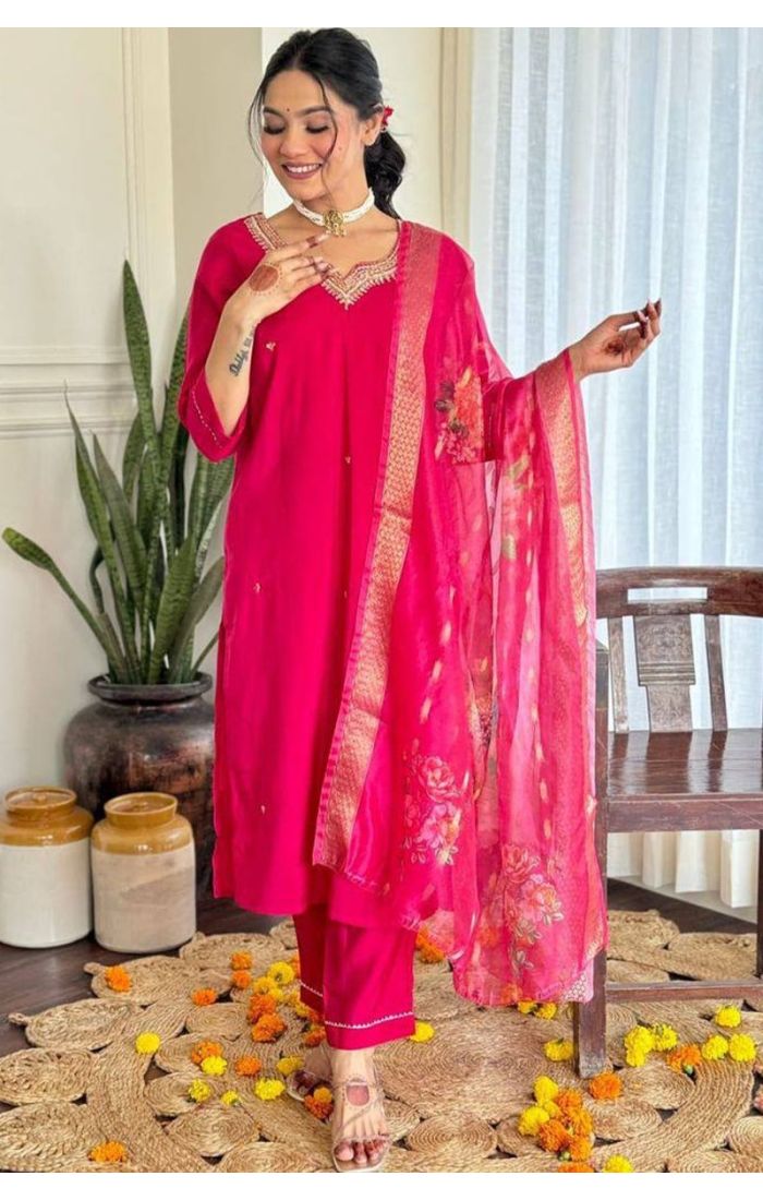 Elegant pink embroidered kurta set with floral dupatta, perfect for wedding and festive occasions in the USA, Canada, UK, and Europe.