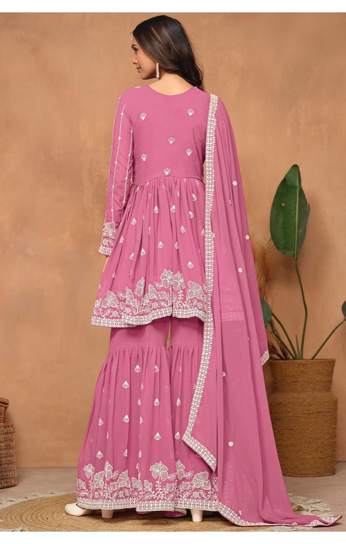  Complete back look with matching pink dupatta and sharara bottom.