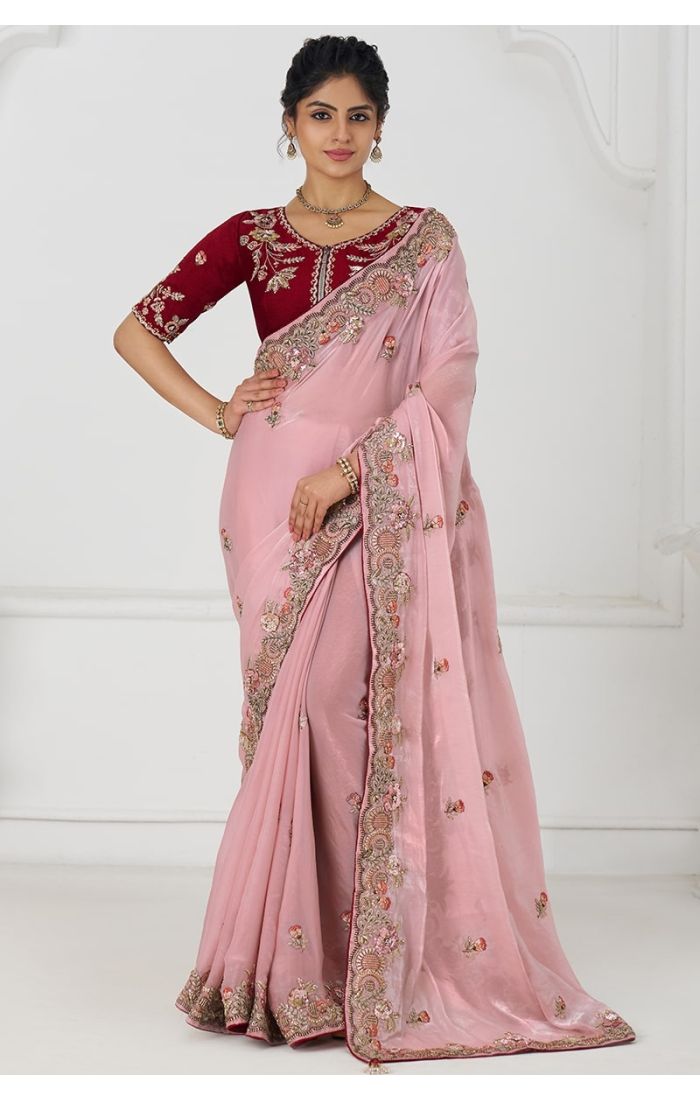 Full front view of elegant pink saree in rich silk with designer embroidery work.