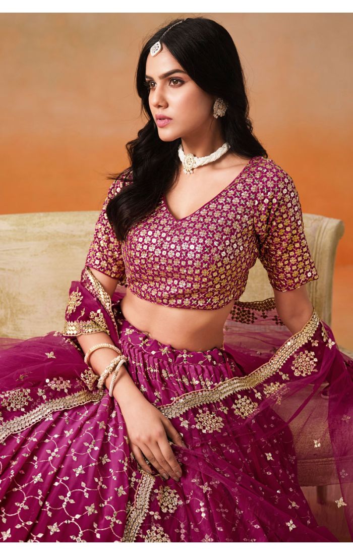 Pink Bridal Lehenga Close-Up with Zari and Sequin Work – LEHV4043