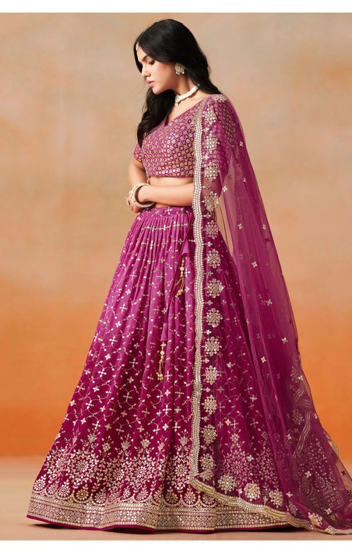 Full-Length View of Pink Georgette Lehenga Set with Net Dupatta
