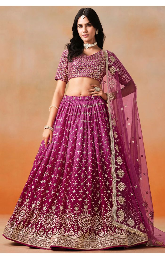 Full-Length View of Pink Georgette Lehenga Set with Net Dupatta