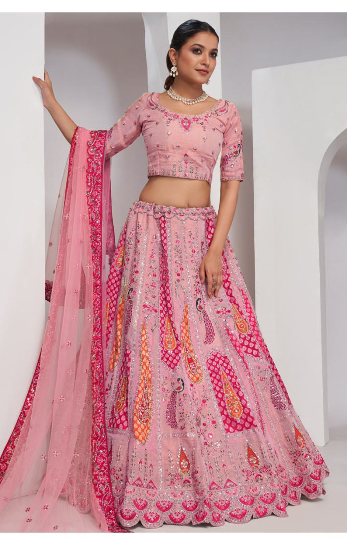 Pink Hand-Embroidered Silk Lehenga Choli with Zari and Sequins