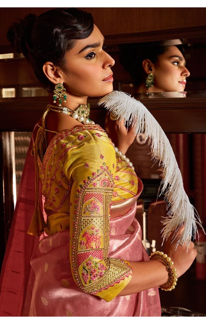 Close-up of zari and resham embroidery on pallu