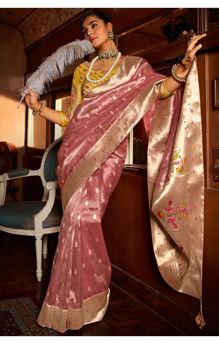 Full drape view of pink Paithani silk saree with intricate zari & stone work