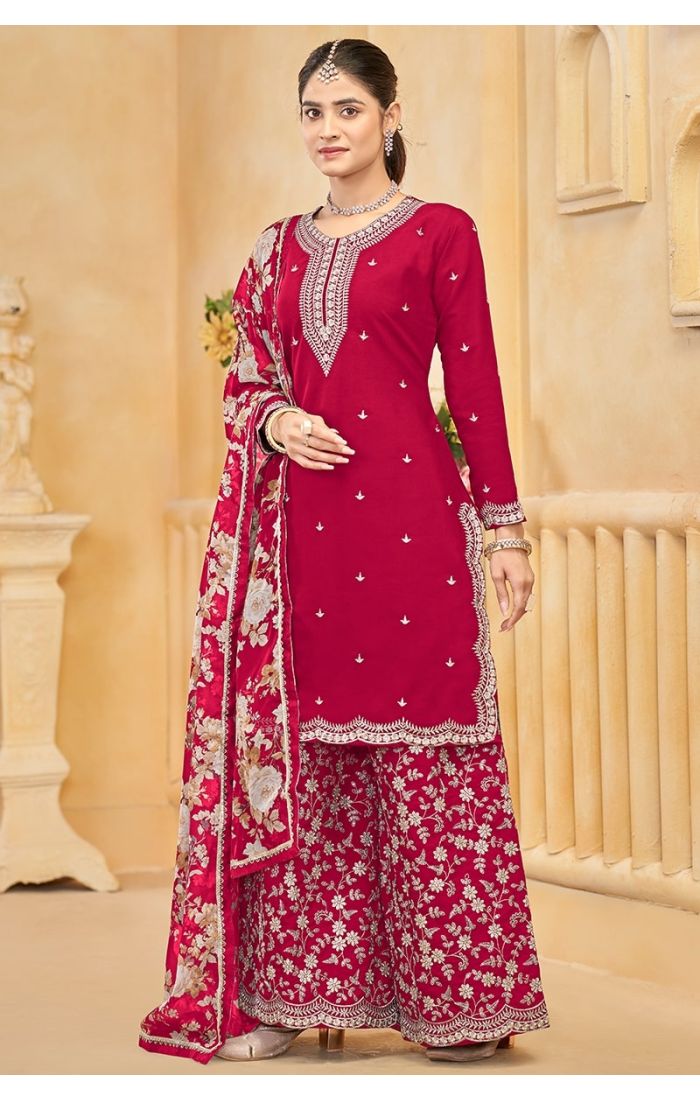 Pink Roman Silk Embroidered Palazzo Suit with Floral Dupatta for Women