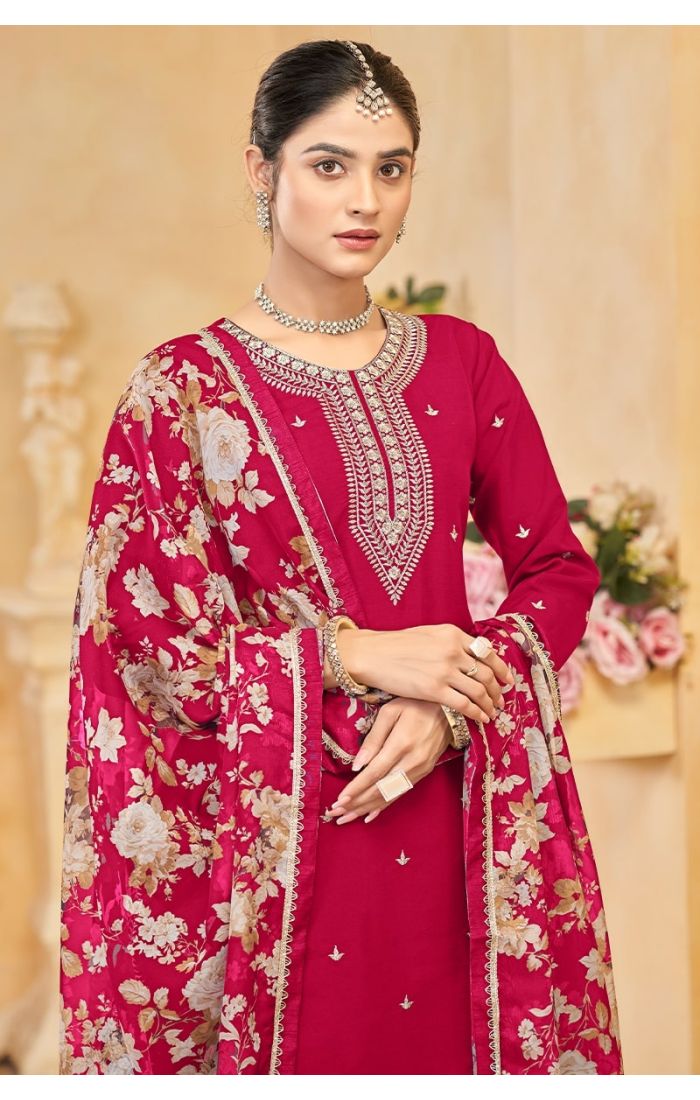 Pink Roman Silk Embroidered Palazzo Suit with Floral Dupatta for Women