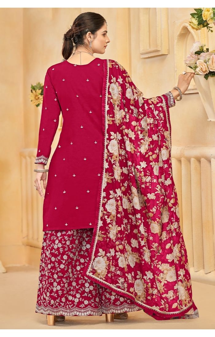 Pink Roman Silk Embroidered Palazzo Suit with Floral Dupatta for Women