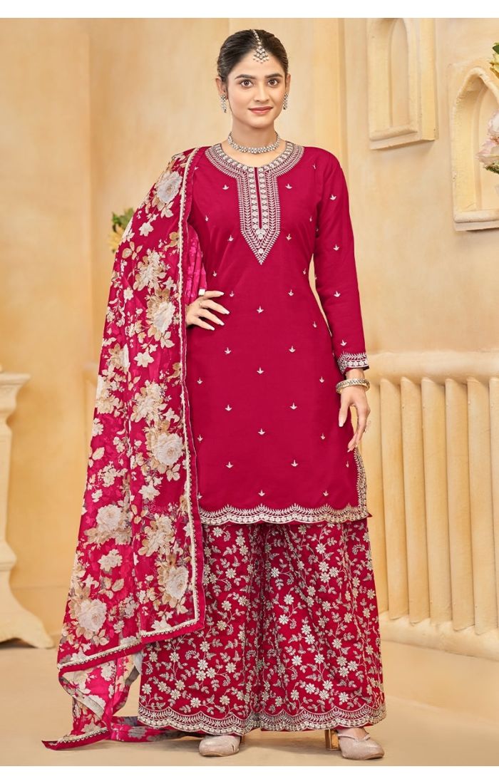 Pink Roman Silk Embroidered Palazzo Suit with Floral Dupatta for Women