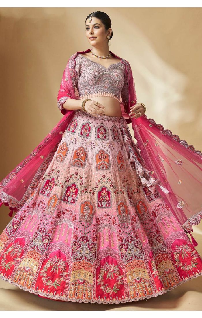 Pink Silk Bridal Lehenga Choli Back View with Dupatta