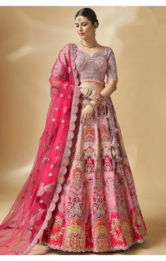 Pink Silk Bridal Lehenga Choli with V Neckline – Front View