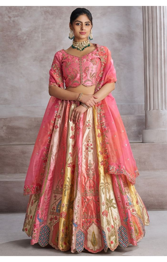 Pink bridal silk lehenga front view with zari and thread embroidery – Appelle Fashion USA