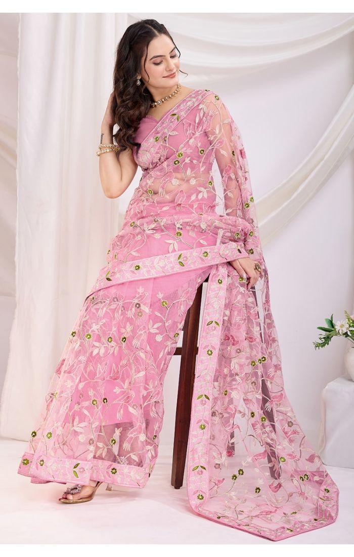 Elegant Pink Embroidered Soft Net Saree with Mono Banglori Blouse - Seated Pose
