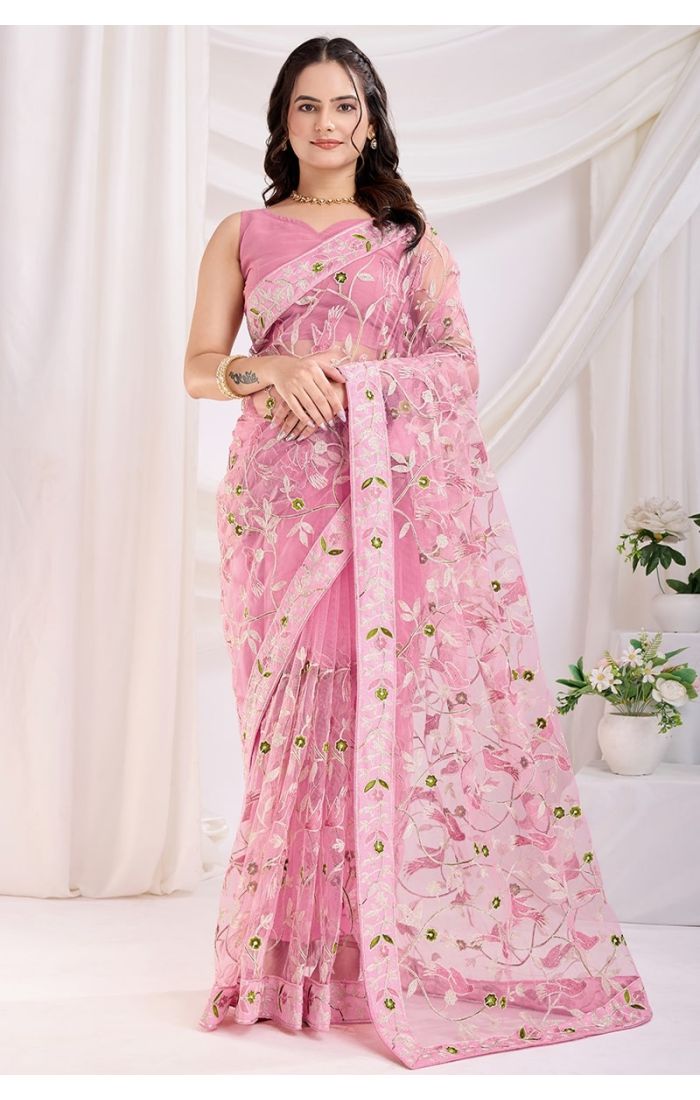 Pink Soft Net Saree with Designer Thread Embroidery and Mono Banglori Blouse - Front View for Festive Wear