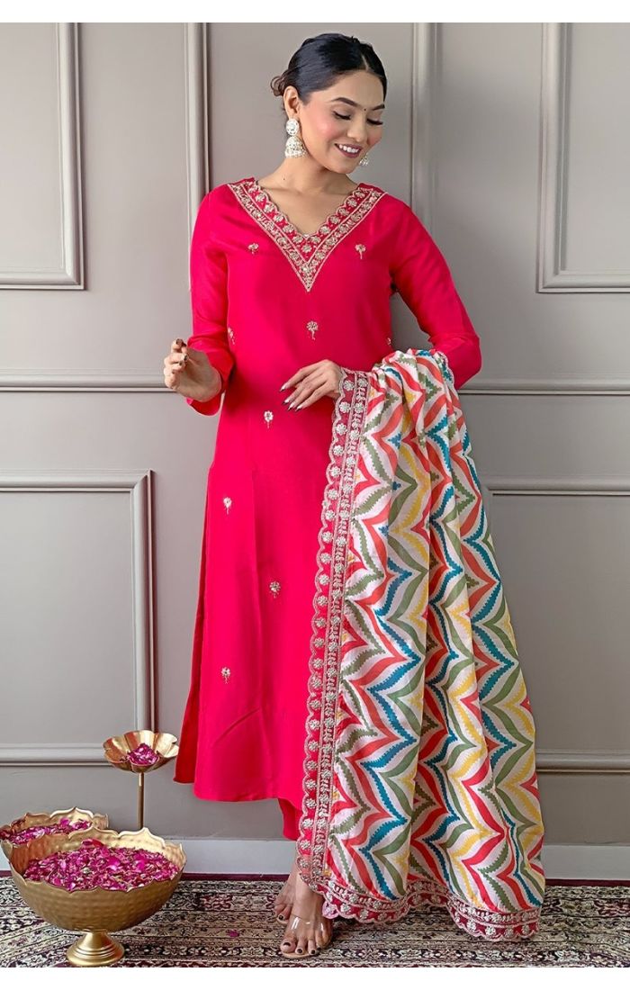 Pink Viscose Salwar Suit with Embroidered Linen Dupatta – Wedding & Festive Wear