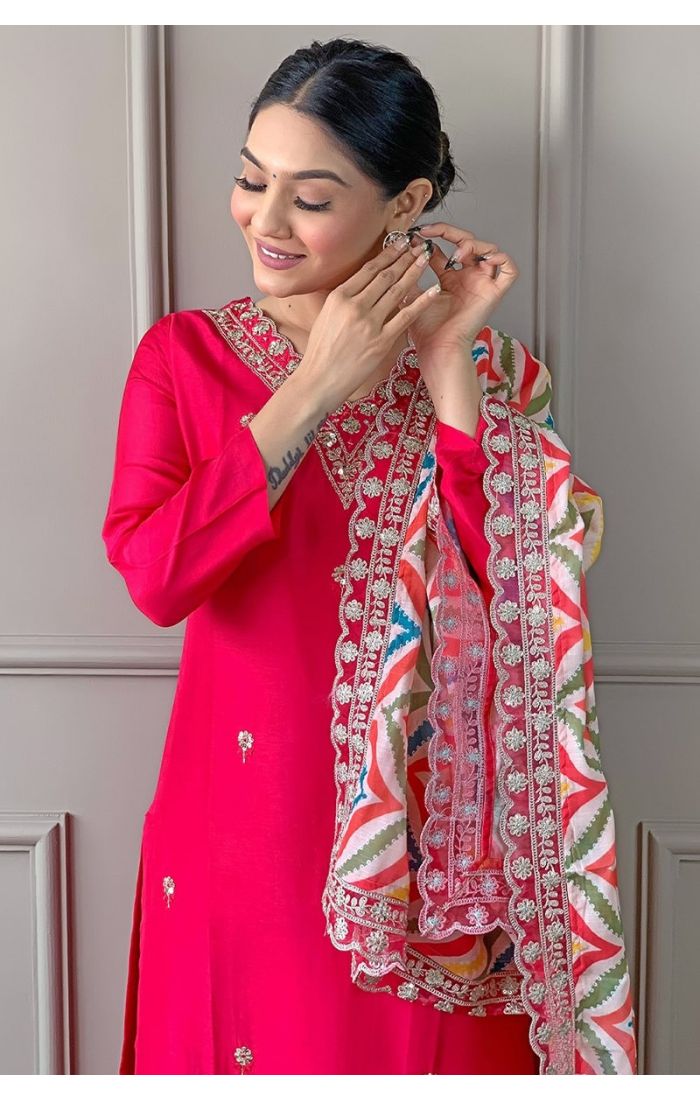 Pink Viscose Salwar Suit with Embroidered Linen Dupatta – Wedding & Festive Wear