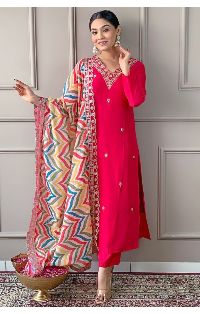 Pink Viscose Salwar Suit with Embroidered Linen Dupatta – Wedding & Festive Wear