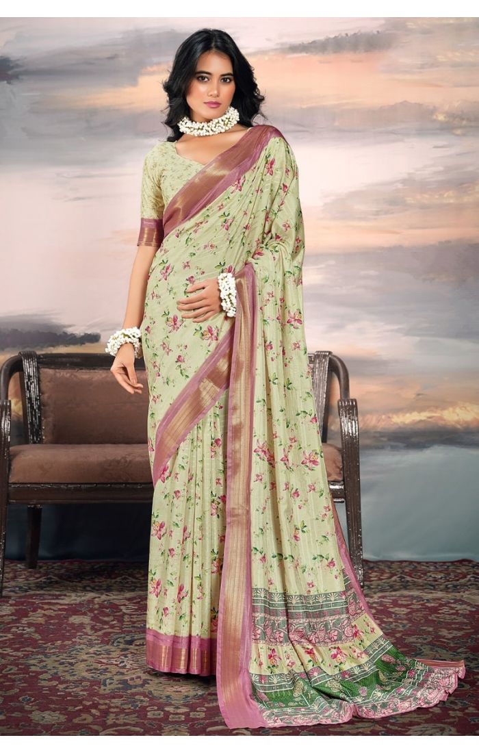 Pista Green Cotton Silk Saree with Floral Print and Zari Border for Festive & Wedding Wear