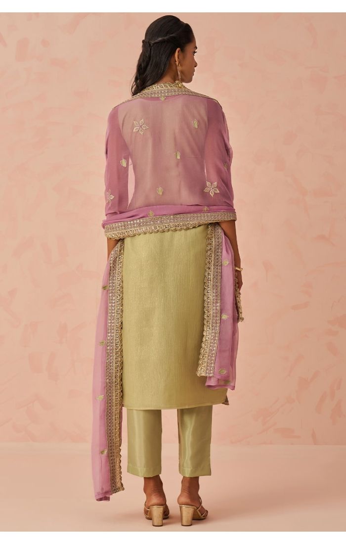  Back view of pista green silk kameez with soft pink embroidered chiffon dupatta, elegant ethnic look