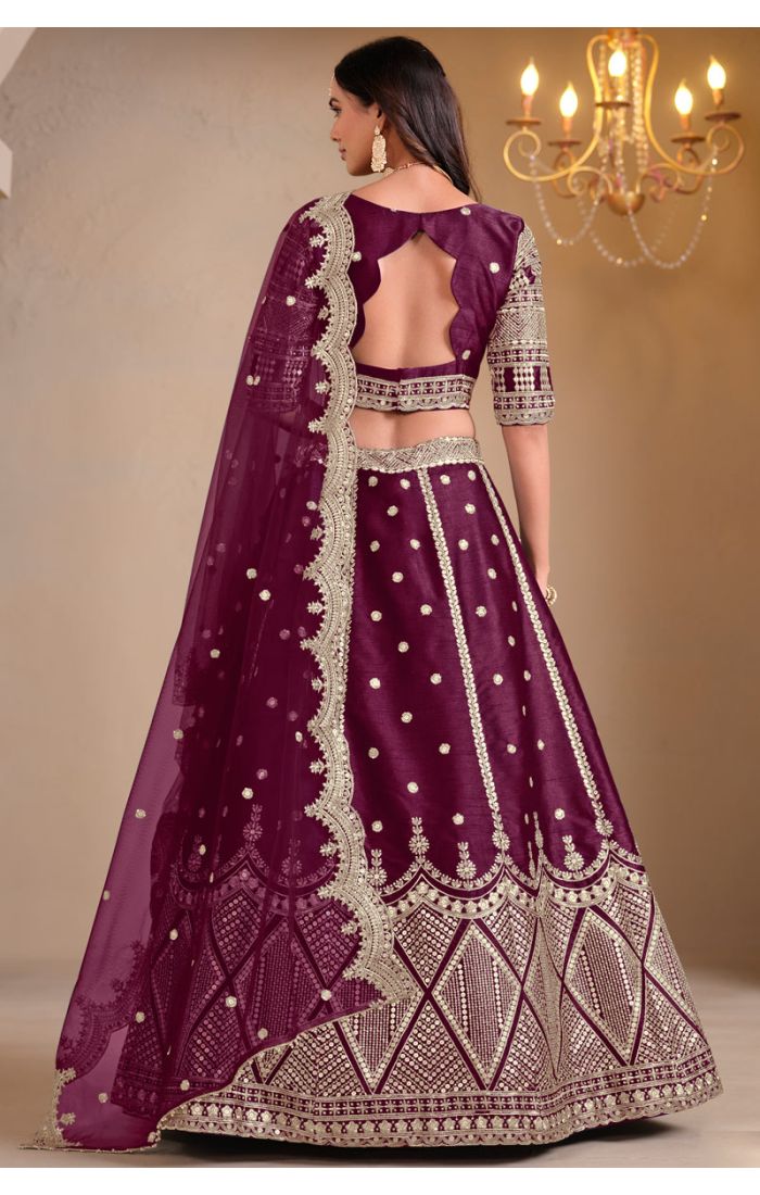 Full view of deep plum art silk lehenga with zari and mirror embroidery