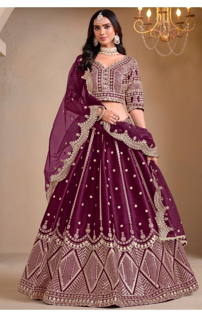 Full view of deep plum art silk lehenga with zari and mirror embroidery