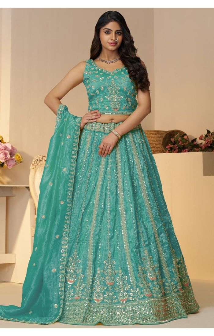 Front pose of powder blue sequin lehenga with sleeveless blouse – Bridesmaid outfit USA