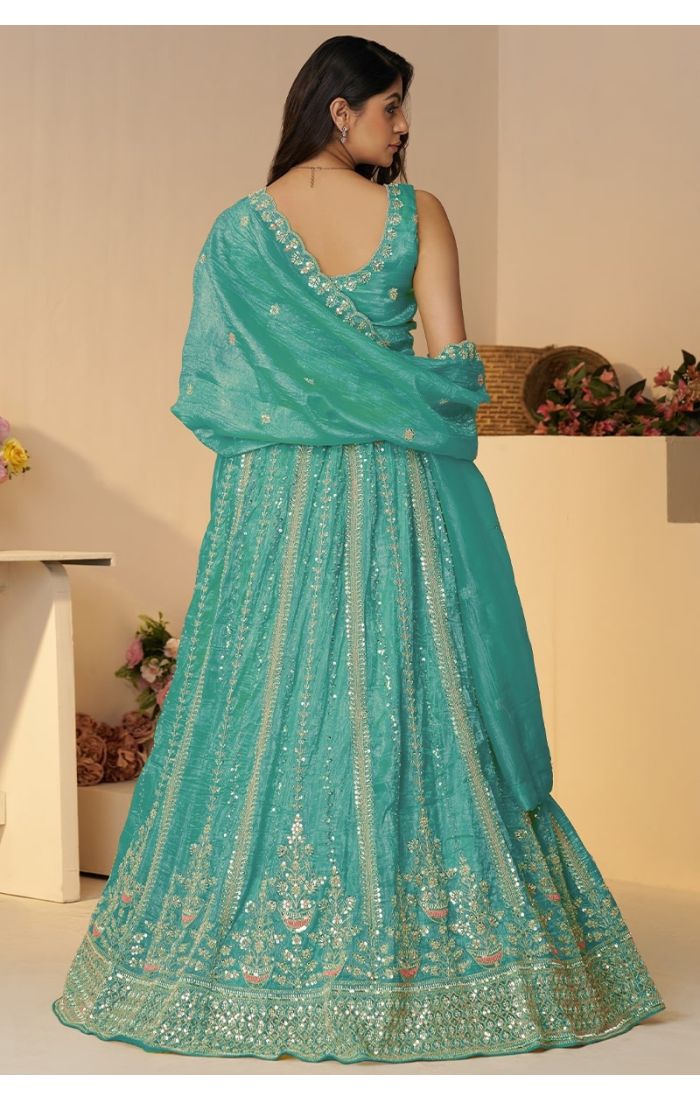 Back view of powder blue soft net lehenga with sequins for bridesmaids – Appelle Fashion