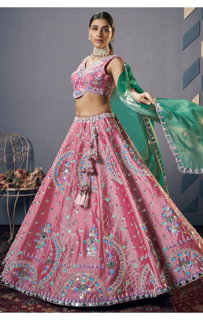 Luxury pink silk lehenga with floral mirror embroidery and contrasting green dupatta – Appelle Fashion UK