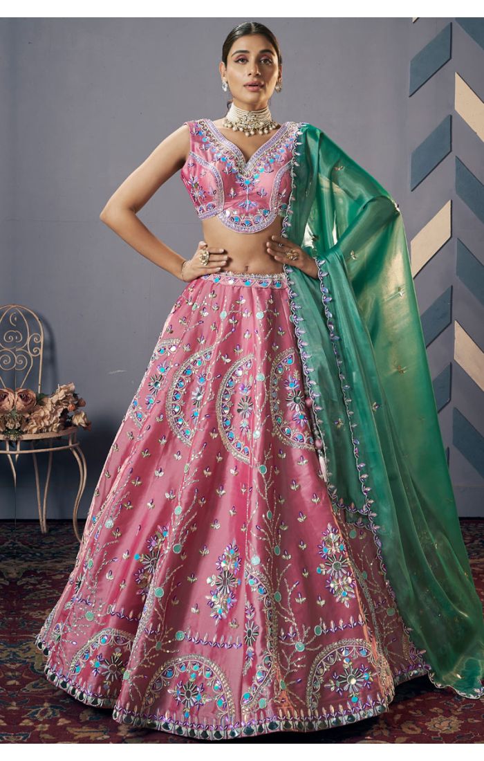 Premium pink silk lehenga choli with green organza dupatta and intricate mirror embroidery – Appelle Fashion UK