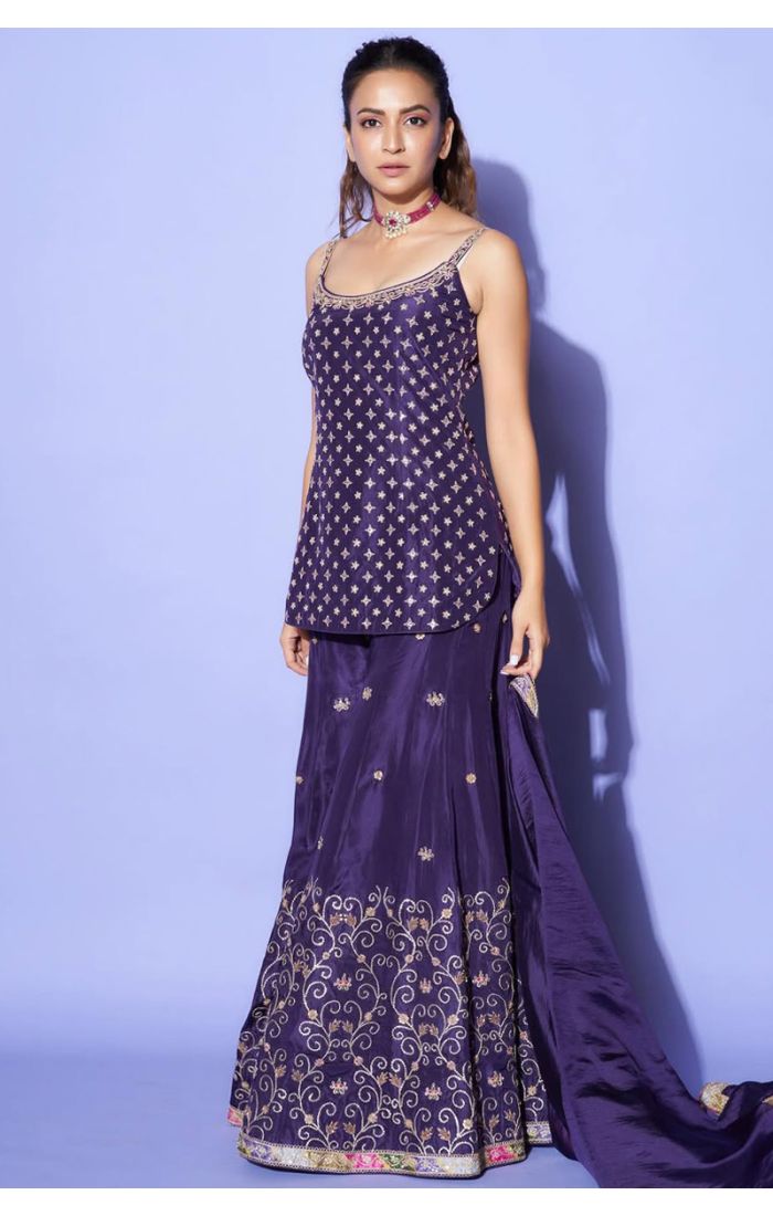 Full view of purple satin embroidered lehenga choli set – SALA5715