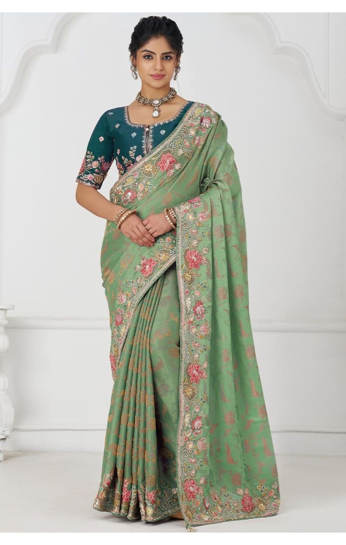 Green Pure Dola Viscose Silk Saree Front View with Sequins Embroidery