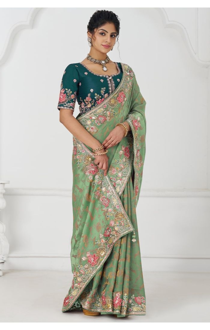  Full Draped Look of Pink Silk Saree with Beads Embroidery