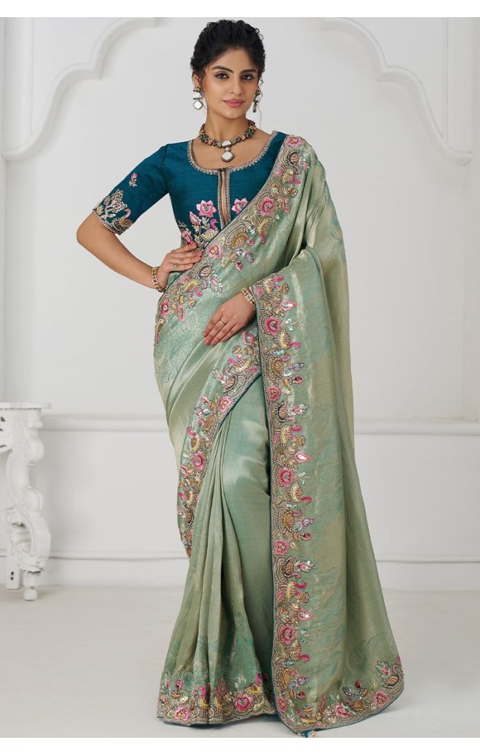 Pure Dola Viscose Silk Green Saree with Embroidered Blue Blouse