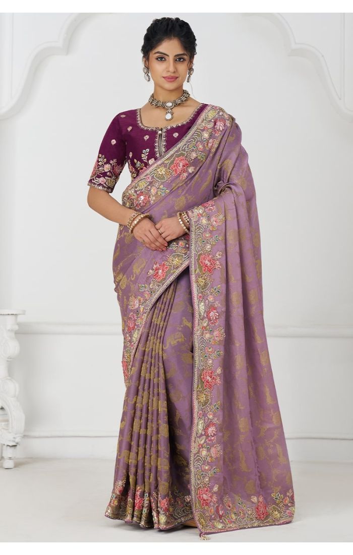 Mauve Silk Saree with Sequins and Beads Embroidery Front View