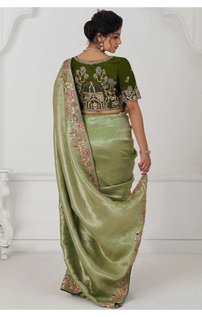  Mehendi Green Saree Back View with Beads and Sequins Work
