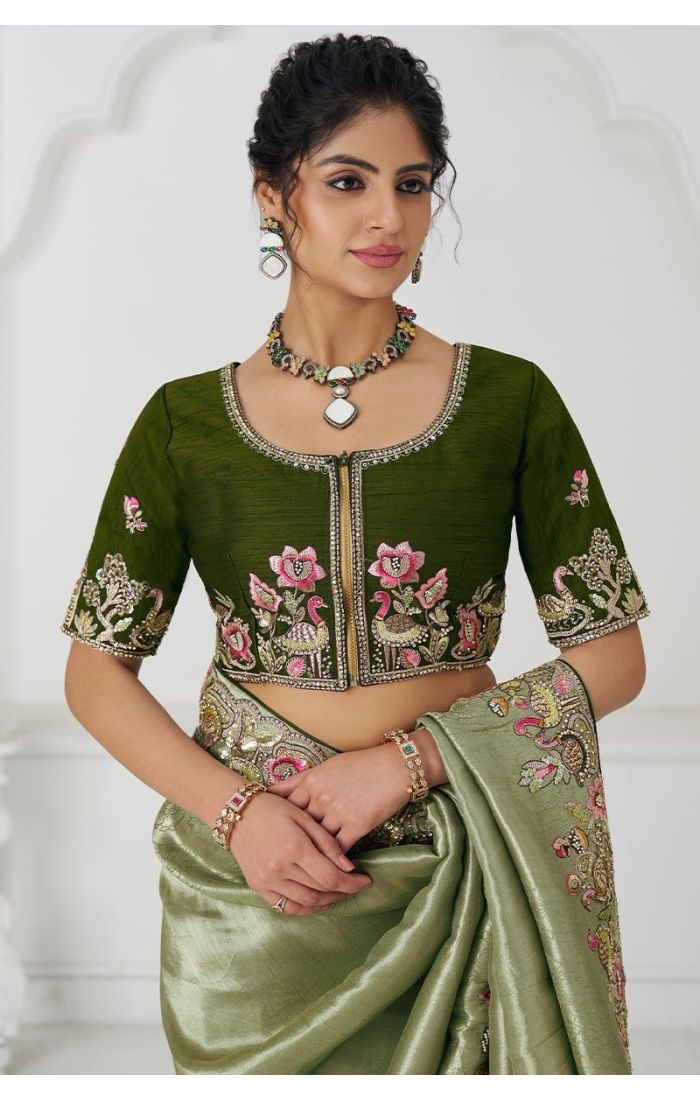 Close-Up of Embroidered Mehendi Green Saree