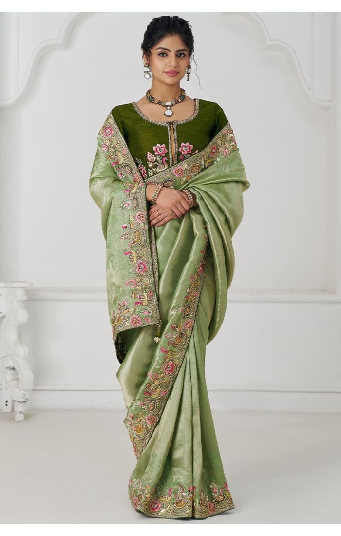 Full View of Mehendi Green Silk Saree for Festivals