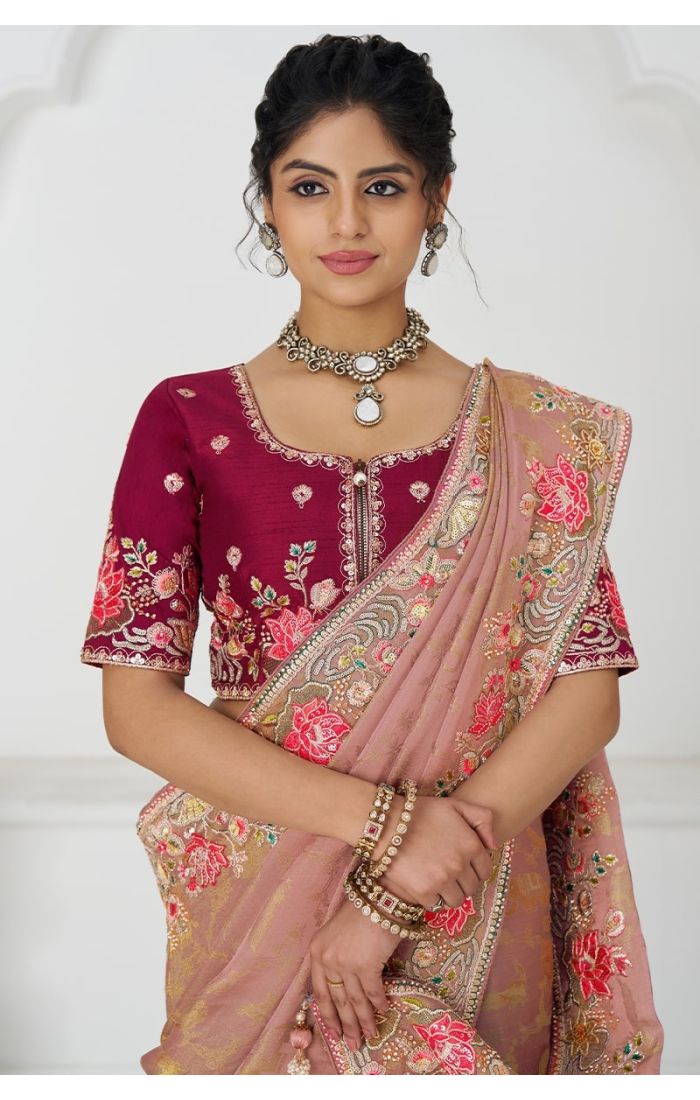 Peach Silk Saree Multi-Thread Floral Embroidery Close-Up