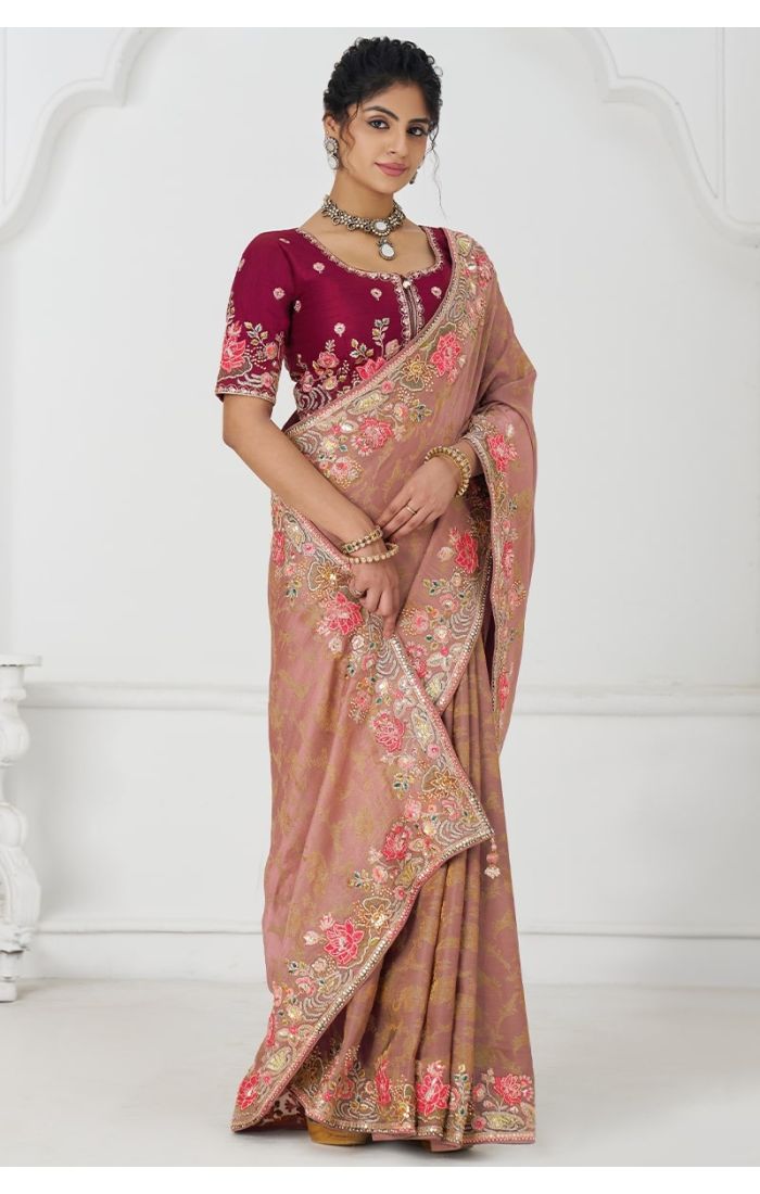 Peach Silk Saree with Sequins and Beads Front View