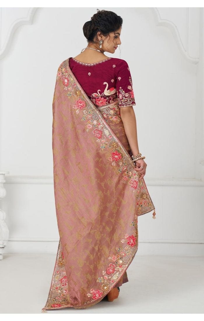 Peach Silk Saree Detailed Pallu and Border