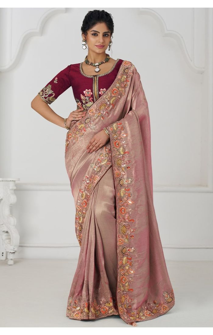 Front View of Pink Pure Dola Viscose Silk Saree with Embroidery
