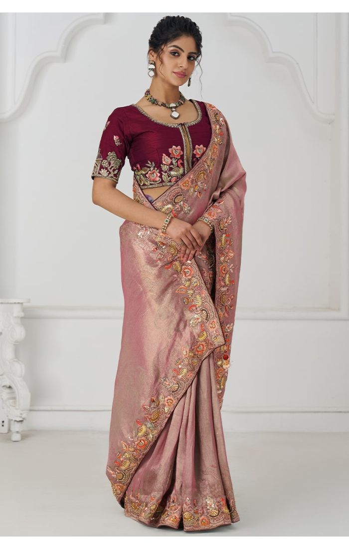 Full Draped Look of Pink Silk Saree with Beads Embroidery