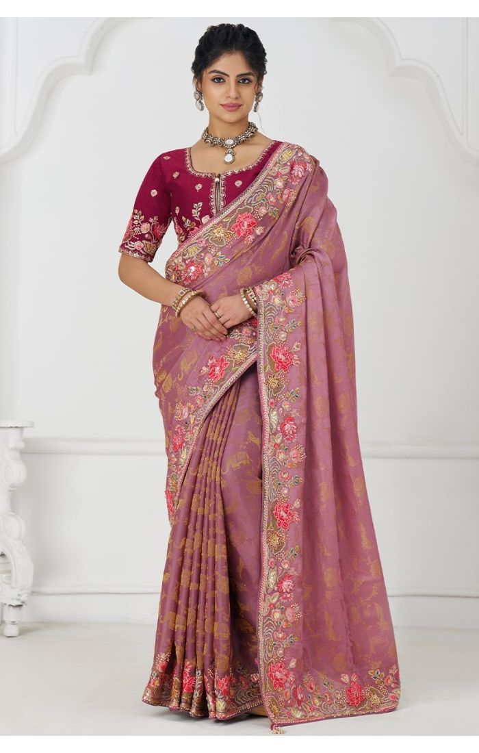 Pink Silk Saree with Sequins and Beads Embroidery Front View