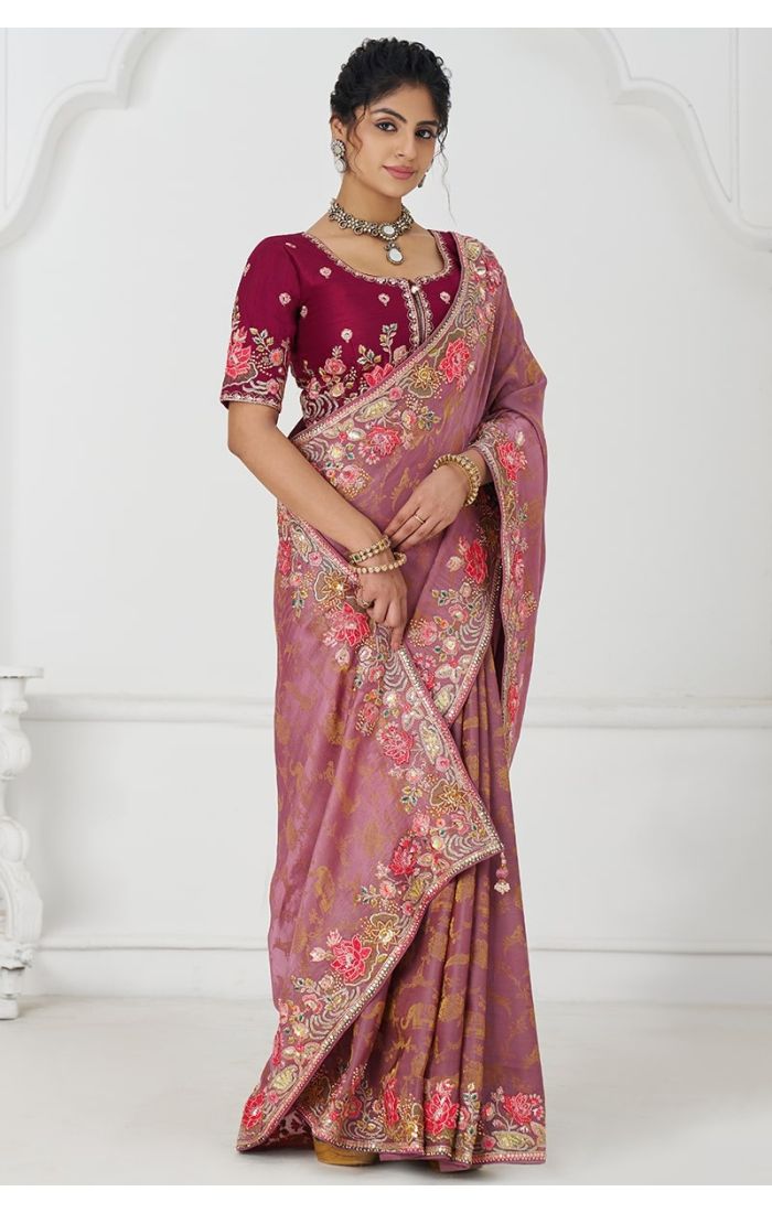 Pink Silk Saree with Sequins and Beads Embroidery Front View